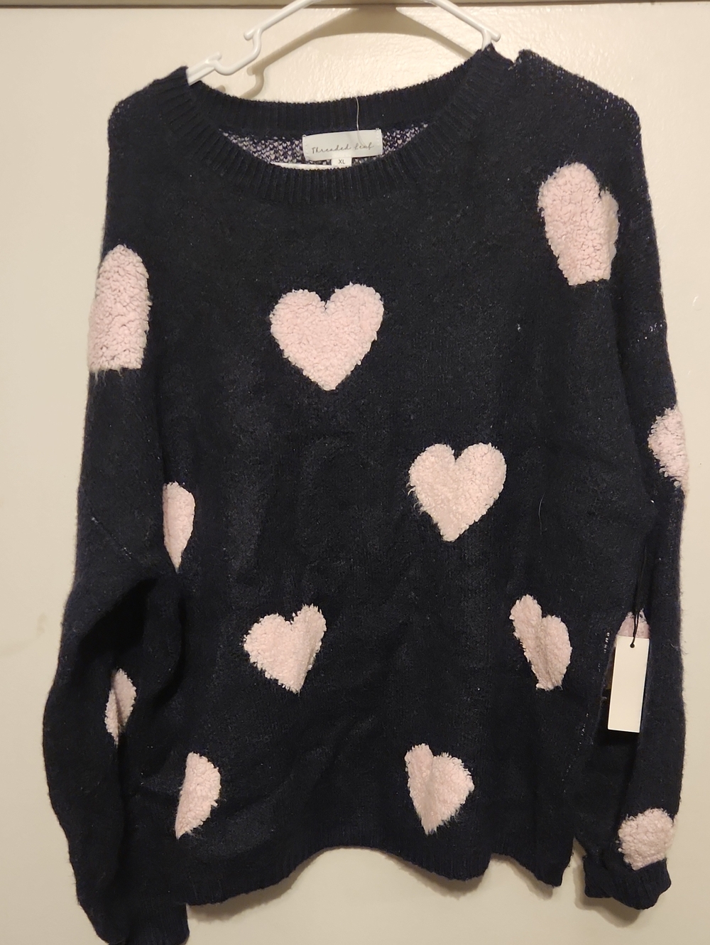 Navy Sweater with Pink Heart Motif